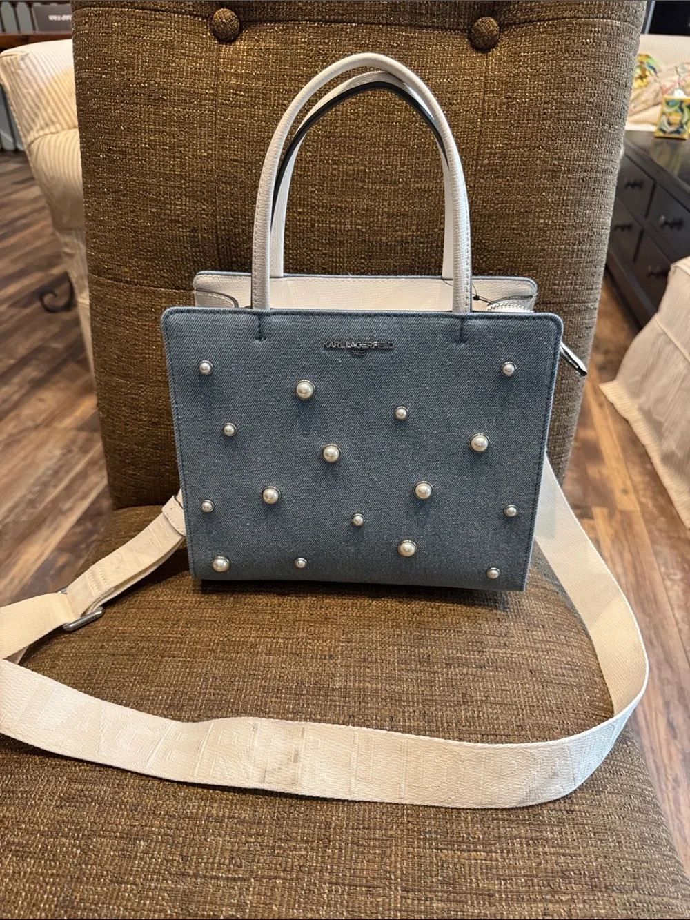 Karl Lagerfeld light wash denim faux pearl crossbody shoulder tote bag NWT